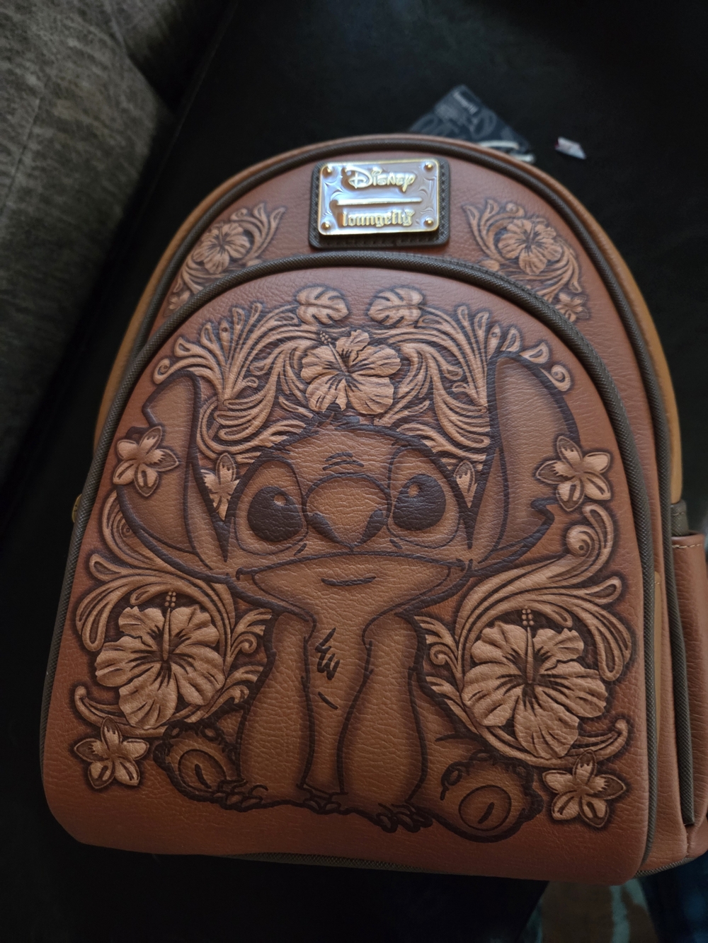 Disney Loungefly Brown Stitch Floral Embossed Mini Backpack